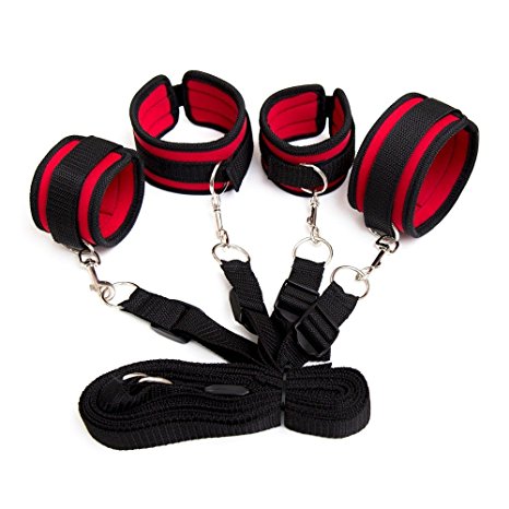 Under Bed Wrist and Ankle Handcuffs SM Sex Games Bed Restraint Bondage with Adjustable Straps For Male Female Couple - Red and Black
