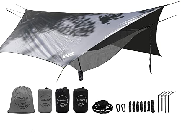 LAZZO Double Camping Hammock | Bundle Includes Net, Tarp, Tree Straps, Backpack | Weighs 4 Pounds, Perfect for Hammock Camping,Backpacking，Hiking | Lightweight Nylon