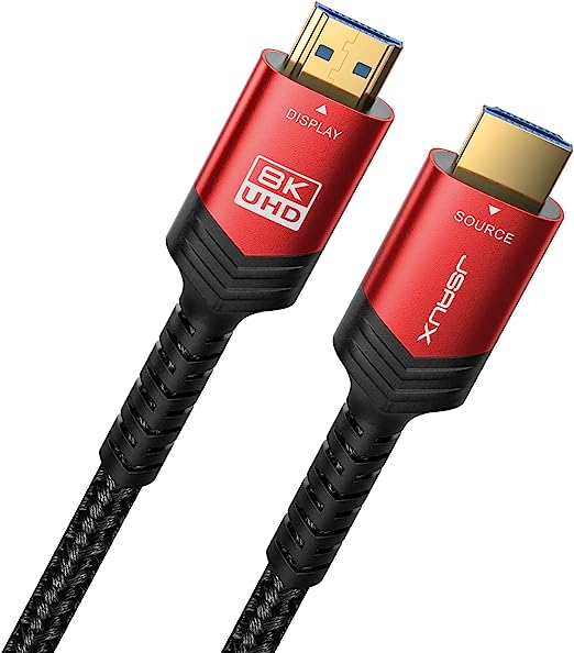 JSAUX Fiber Optic 8K Long HDMI Cable 30 ft 2.11 Pack 48Gbps Ultra High Speed HDMI Braided Cord, 4K@120Hz 144Hz, 8K@60Hz, HDCP 2.2 & 2.3, HDR 10, eARC Compatible with Laptop Monitor UHD TV PS5 PS4-Red