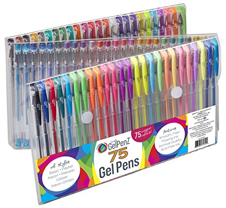 GelPenz 75-Count Gel Pens in Folding Vinyl Case for Adult Coloring Books, 75 Unique Colors