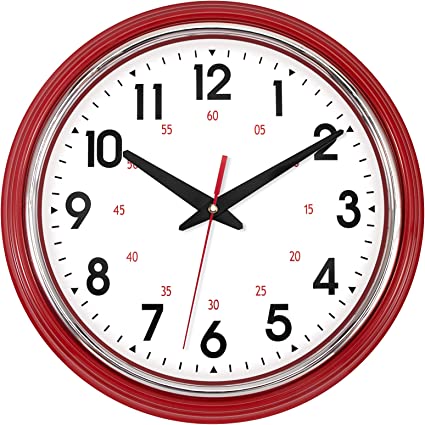 Lumuasky Retro Silent Non-Ticking Round Classic Clock Quartz Decorative Battery Operated Wall Clock for Living Room Kitchen Home Office 12 inch (Red)