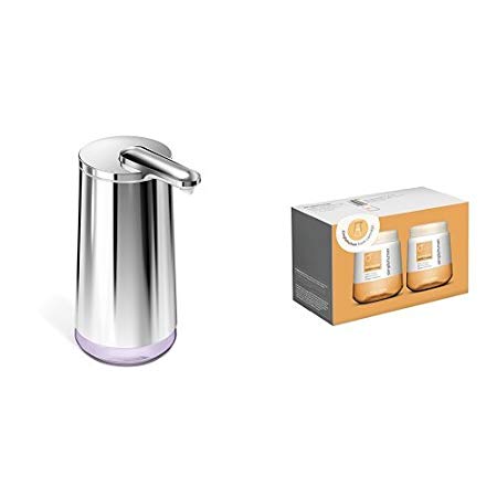 simplehuman foam soap sensor pump with variable dispense, high-grade polished stainless steel, plus 2 pack mandarin cartidge refills