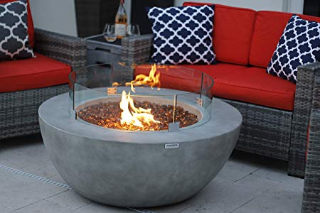 AKOYA Outdoor Essentials 42" Modern Concrete Fire Pit Table Bowl w/Glass Guard and Crystals in Gray (Caribbean Blue)