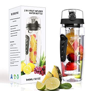Fruit Infuser Water Bottle - 32 oz BPA-Free Fruit Infusion Sports Bottle Flip Top Lid w Drinking Spout, Leak Proof, Made of Durable Tritan
