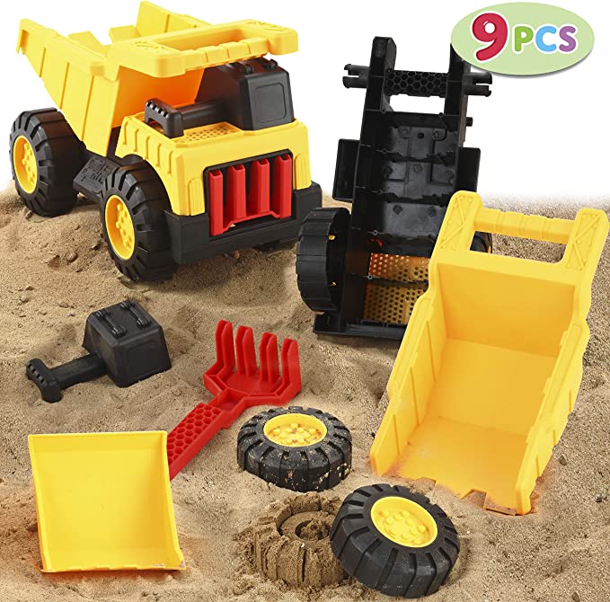 JOYIN 9 PCS Take Apart Assemble Construction Truck Beach Sand Toy Set, for Kids Outdoor Play, Includes Shovels, Rake, Spoon, Castle Mold, and Sand Sifter