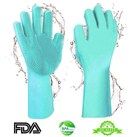 Magic Reusable Silicone Dishwashing Gloves | Pair Of Rubber Scrubbing Gloves For Dishes | Wash Cleaning Gloves With Sponge Scrubbers For Washing Kitchen, Bathroom, Car and More(Green)