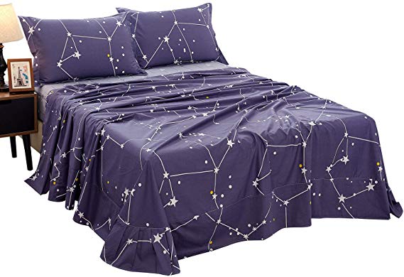 Softta Bed Sheet Set King 4Pcs Bedding Galaxy Star Space Constellation Striped 100% Cotton Teen Boys Girls Flat Sheet Set + Fitted Sheet Set +2 Pillowshams