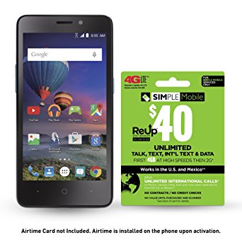Simple Mobile ZTE Midnight Pro 4G LTE CDMA Prepaid Smartphone with Free $40 Airtime Bundle