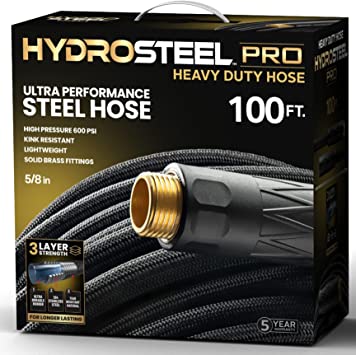 Hydrosteel 100 Foot Garden Hose 304 Stainless Steel Metal Water Hose – Super Tough & Flexible, Lightweight, Crush Resistant Brass Fittings, Kink & Tangle Free, Rust Proof, Easy to Store, 600 PSI