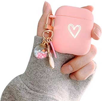 Ownest Compatible with AirPods Case Soft TPU with Gold Heart Pattern Cute Lucky Ball Keychain Shockproof Cover Case for Girls Woman Airpods 2 &1-Pink