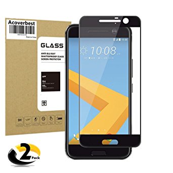 HTC10 (2-Pack) Full Screen Coverage Tempered Glass Screen Protector,Acoverbest Ultra Thin Protective Glass[Anti-Scratch][9H Hardness][Bubble Free](Black)