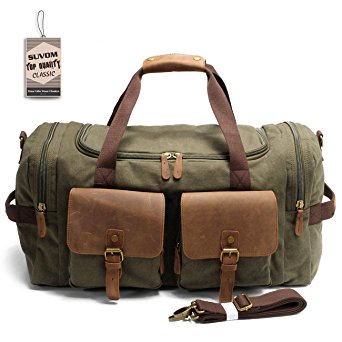 SUVOM Leather Overnight Duffle Bag Canvas Travel Duffels Large Weekender Luggage