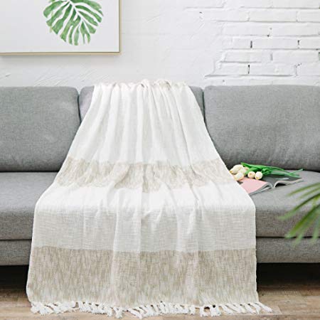 NordECO 100% Cotton Washable Throw Blanket Tassels, Lightweight Soft Daily Use,Beige White
