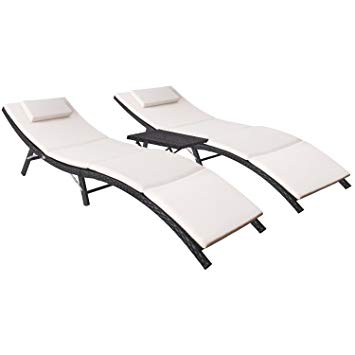 Flamaker 3 Pieces Patio Chaise Lounge with Cushions Unadjustable Modern Outdoor Furniture Set PE Wicker Rattan Backrest Lounger Chair Patio Folding Chaise Lounge with Folding Table (3 Pieces)