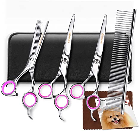 Gimars Titanium Coated 3CR Stainless Steel Dog Grooming Scissors Kit, Heavy Duty Pet Grooming Trimmer Kit - Thinning, Straight, Curved Shears with Comb for Long & Short Hair, Fur for Cat and More Pets