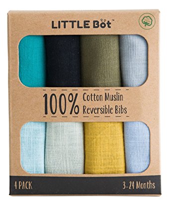 Little Bot Muslin Reversible Bandana Bib. 100% Cotton. 4 Pack