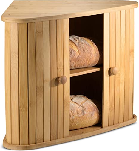 Klee Bread Box | Bamboo Bread Holder | Corner Bread Keeper Storage Box, Fully Assembled