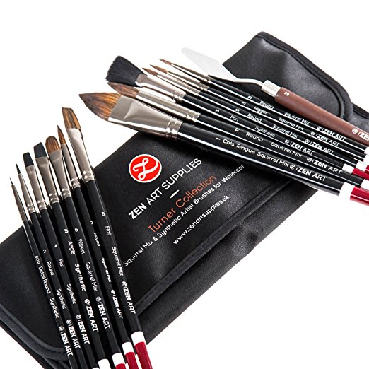 Professional Artist Brushes for Watercolor, Gouache & Fluid Acrylics - Squirrel Blend & Japanese Synthetic - Short Handle, Long-Lasting with Elegant Rollup Case - 14-pcs Turner Collection by ZenArt