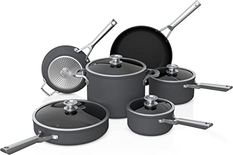 Ninja C59500C Foodi NeverStick Premium 10-Piece Cookware Set, Anti-Scratch Nesting Pots & Pans with Glass Lids, Hard-Anodized, Nonstick, Durable & Oven Safe to 500°F, Slate Grey