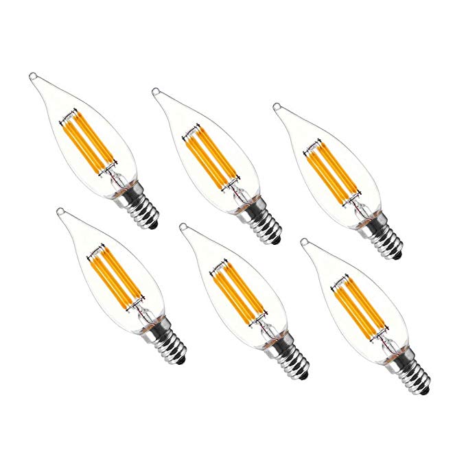 Modvera LED Candelabra Bulb Bent Tip - 60W Incandescent Equivalent Omni Directional Dimmable Light Bulb - Uses only 6 Watts - Warm White 2700K E12 Filament Chandelier Candle Lamp, UL Listed - 6 Pack