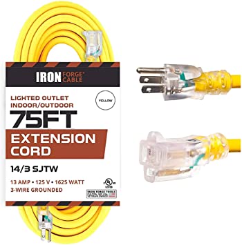 75 Foot Lighted Outdoor Extension Cord - 14/3 SJTW Heavy Duty Yellow Extension Cable with 3 Prong Grounded Plug for Safety - Great for Garden and Major Appliances