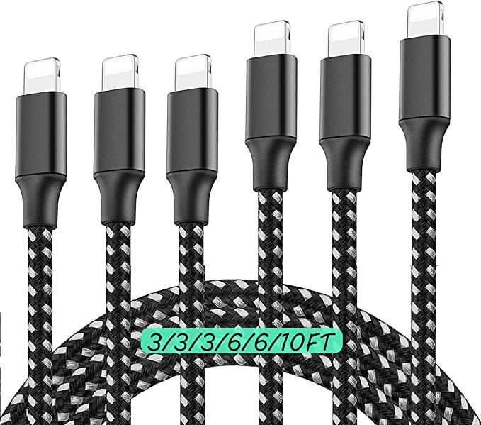 iPhone Charger Lightning Cables,Mfi Certified Charging Cable USB Syncing Data Nylon Braided Cord Cable Compatible iPhone 12/11/10/XR/X/8/7/6 & More 6Pack 3/3/3/6/6/10ft Black