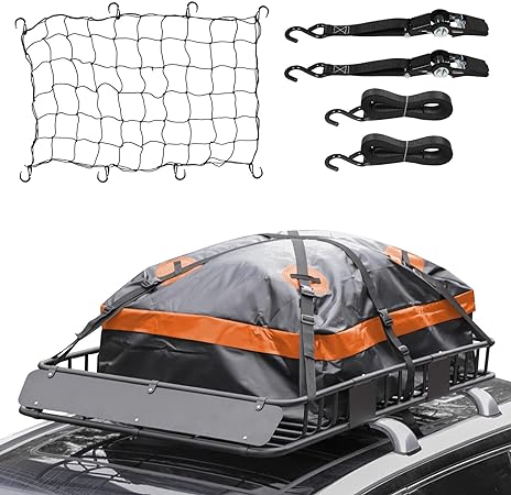 WEIZE Heavy Duty 64"x 39" Roof Rack, Rooftop Cargo Carrier Basket with Waterproof Bag, Tie Down Strap & Net, Car Top Luggage Holder for SUV, 150lb Capacity, Steel Construction