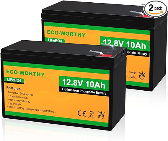 ECO-WORTHY 2 Pack 12V 10Ah LiFePO4 Lithium Battery, 3000  Deep Cycle Rechargeable Battery, Perferct for Kids Scooter, Power Wheels, UPS, Lighting, Fish Finder