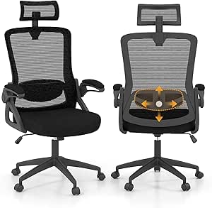 COSTWAY Ergonomic Mesh Office Chair, Adjustable Height Swivel Executive Chair with 2D Headrest, 2D Lumbar Support, Flip-Up Armrests, 90°-120° Rocking Function and Waterfall Seat (Black)