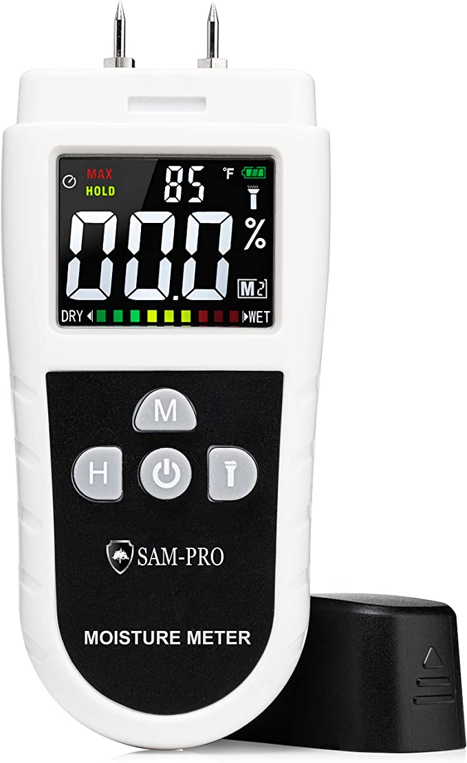 SAM-PRO Dual Moisture Meter 2.0: Upgraded LCD Color Display & Flashlight - 4 Smart Material Modes for Moisture & Temperature readings in Wood, Concrete, Drywall, Carpet, Building Materials