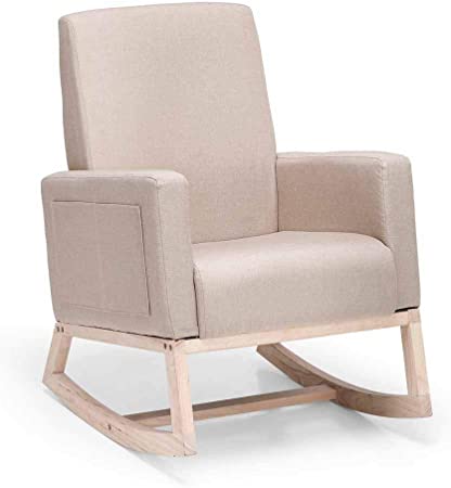 Fabric Upholstered Nursery Rocking Chair-Modern High Back Armchair Relax Leisure Chair Beige