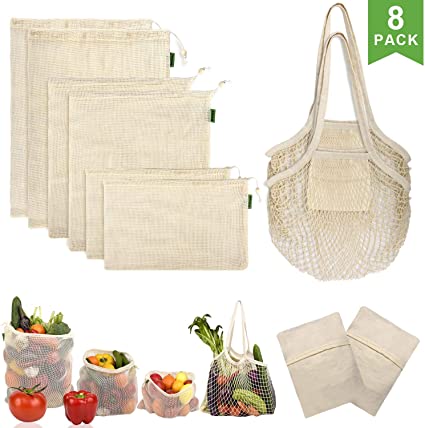 Foldable Pocket Tote Bag, Reusable Produce Bags, Natural Organic Cotton Mesh Bags set of 8 for Vegetable Shopping & Storage,Washable, Biodegradable,Tare Weight on Color Tag|(2Tote Bag,2xS,2xM,2xL)