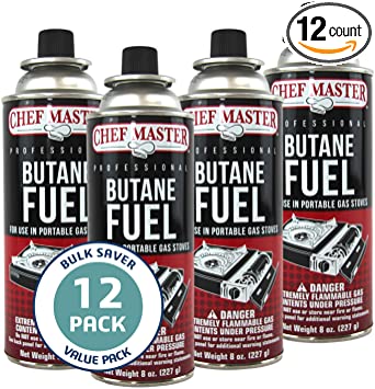 Chef Master 90340 | Pack of 12 Butane Fuel Cylinders| 8oz Butane Canisters for Portable Stove | Butane Torch Replacement Canisters