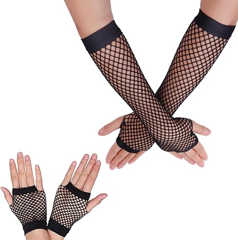 Yolev 2Pairs Long Fingerless Fishnet Gloves Fingerless Short Fishnet Gloves Fishnet Mesh Fingerless Gloves for 80s Party