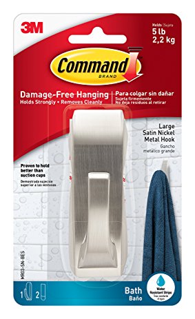 Command Modern Reflections Metal Bath Hook, Large, Satin Nickel, 1-Hook with Water-Resistant Strips (MR03-SN-BES)