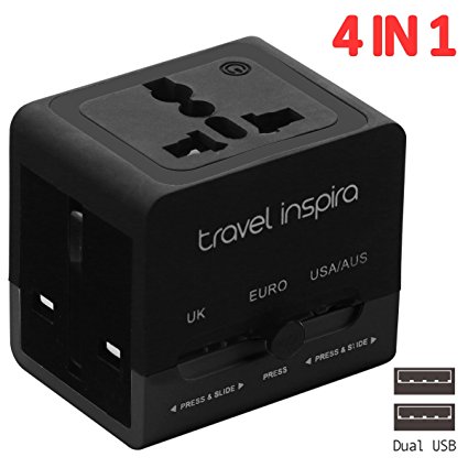 Travel Inspira Travel Adapter Adaptor Power Plug Charger with Dual USB Charging Ports for USA EU UK AUS (Black)
