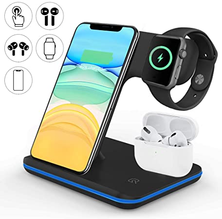 Vcloo Wireless Charger, 3 in 1 Wireless Charging Station Compatible with AirPods Pro/2, iWatch Series 5/4/3/2, Qi Fast Wireless Charger Stand for iPhone 11 Pro Max/X/XS/XR/8Plus, Black