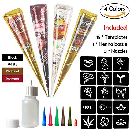 COKOHAPPY Temporary Tattoo Kit, 4 Color Paste Cone Body Art Painting Drawing with 15 x adhesive Stencil, 1 x Applicator Bottle and 5 x Plastic Nozzle