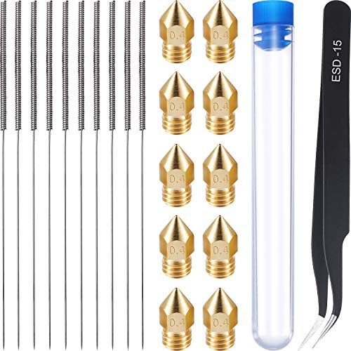 Leinuosen 21 Pieces 3D Printer Nozzle and Cleaning Kit, 10 Pack 0.4 mm MK8 Nozzles, 10 Pack 0.4 mm Needles and 1 Pack Tweezers Tool kit, Stainless Steel Nozzle Cleaning Tool Kit