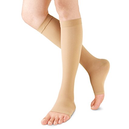 AZMED Maternity Socks, 15-20 mmHg Graduated Compression Stockings, Knee-High and Open-Toe, Nude