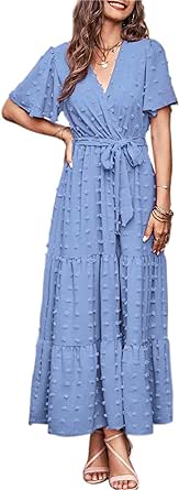 MASCOMODA Womens Boho Swiss Dot Maxi Dresses Wrap V Neck Flutter Short Sleeve Solid Tie Belt A Line Tiered Flowy Long Dresses