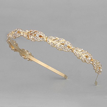 Ammei Flower Design Rhinestone Crystal Wedding Headband Bridal Headpieces Simple Design Bridal Headband (Gold)
