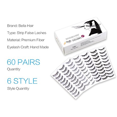 Bella Hair 60 Pairs Natural Handmade Reusable False Eyelash Extensions - 6 Styles 10 Pairs For Each Style