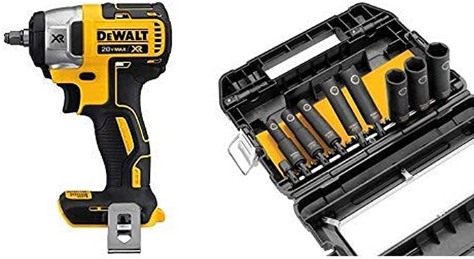 DEWALT DCF890B 20V Max XR 3/8" Compact Impact Wrench (Tool Only) with DEWALT DW22838 3/8-Inch 10-Piece IMPACT READY Socket Set