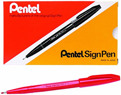 Pentel Sign Pen Fiber-Tipped Pen, Red Ink, Box of 12 (S520-B)