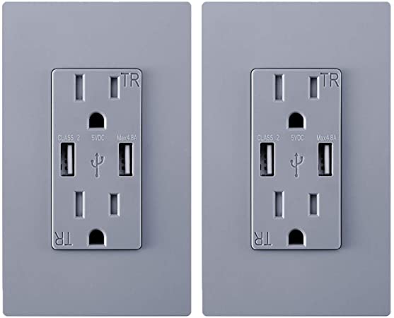 ANTEER 4.8A USB Wall Outlet Fast Charge - Dual High-Speed Charger Electrical Outlets - ETL Listed Duplex 15A Tamper Resistant Socket USB Outlets Receptacle(Gray,2-Pack/Wall Plate）