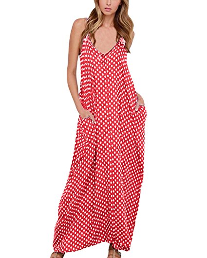 ZANZEA Lady V-neck Polka Dot Pocket Long Maxi Dress Boho Casual Cocktail Beachwear