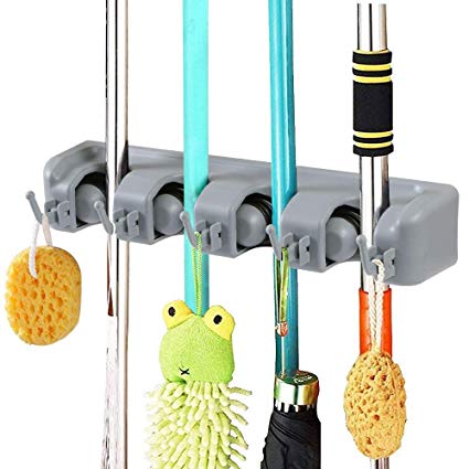 Vicloon Broom Mop Holder Tidy Organizer, Wall Mounted Organizer with 4 Position 5 Hooks for Brush Mop and Broom Tool Storage