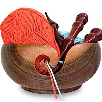 YARN STORY Handmade Wooden Walnut Yarn Bowl and Knitting Bag Bundle, 6-Inch-by-3-Inch