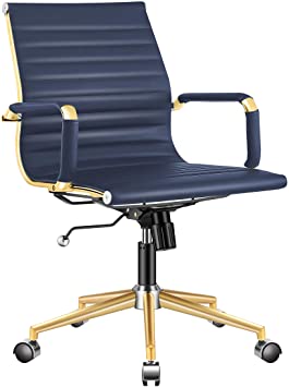 LUXMOD Gold Office Chair in Blue Leather, Mid Back Office Chair with Armrest, Blue and Gold Ergonomic Desk Chair for Back & Lumbar Support, Modern Executive Chair Blue and Gold，Gold Swivel Chair Blue